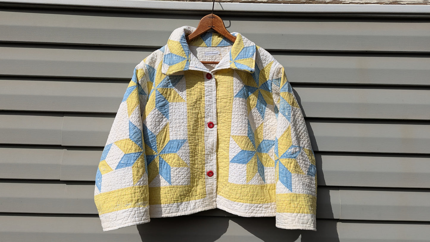 Vintage Yellow and Blue Star Quilt Coat, Jacket Made From a Patchwork Quilt