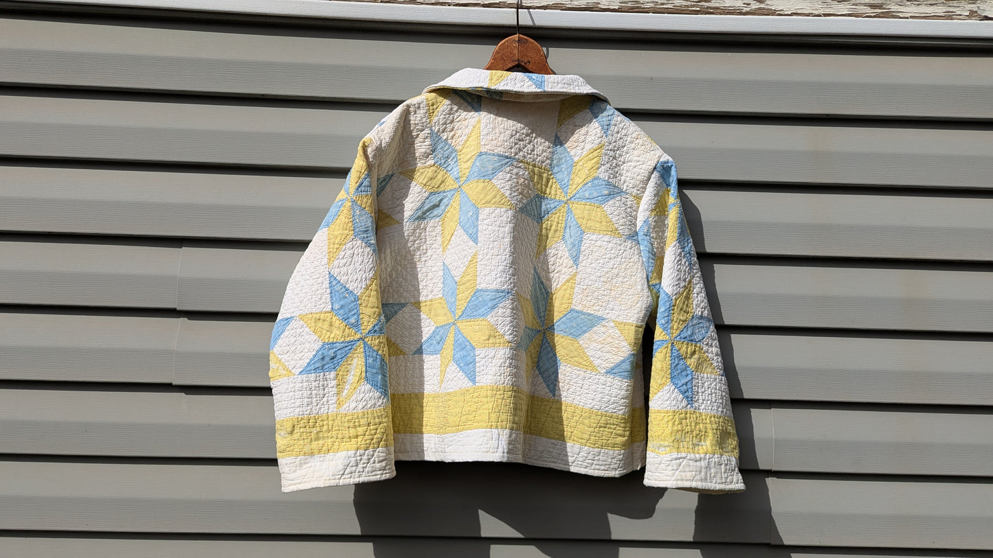 Vintage Yellow and Blue Star Quilt Coat, Jacket Made From a Patchwork Quilt