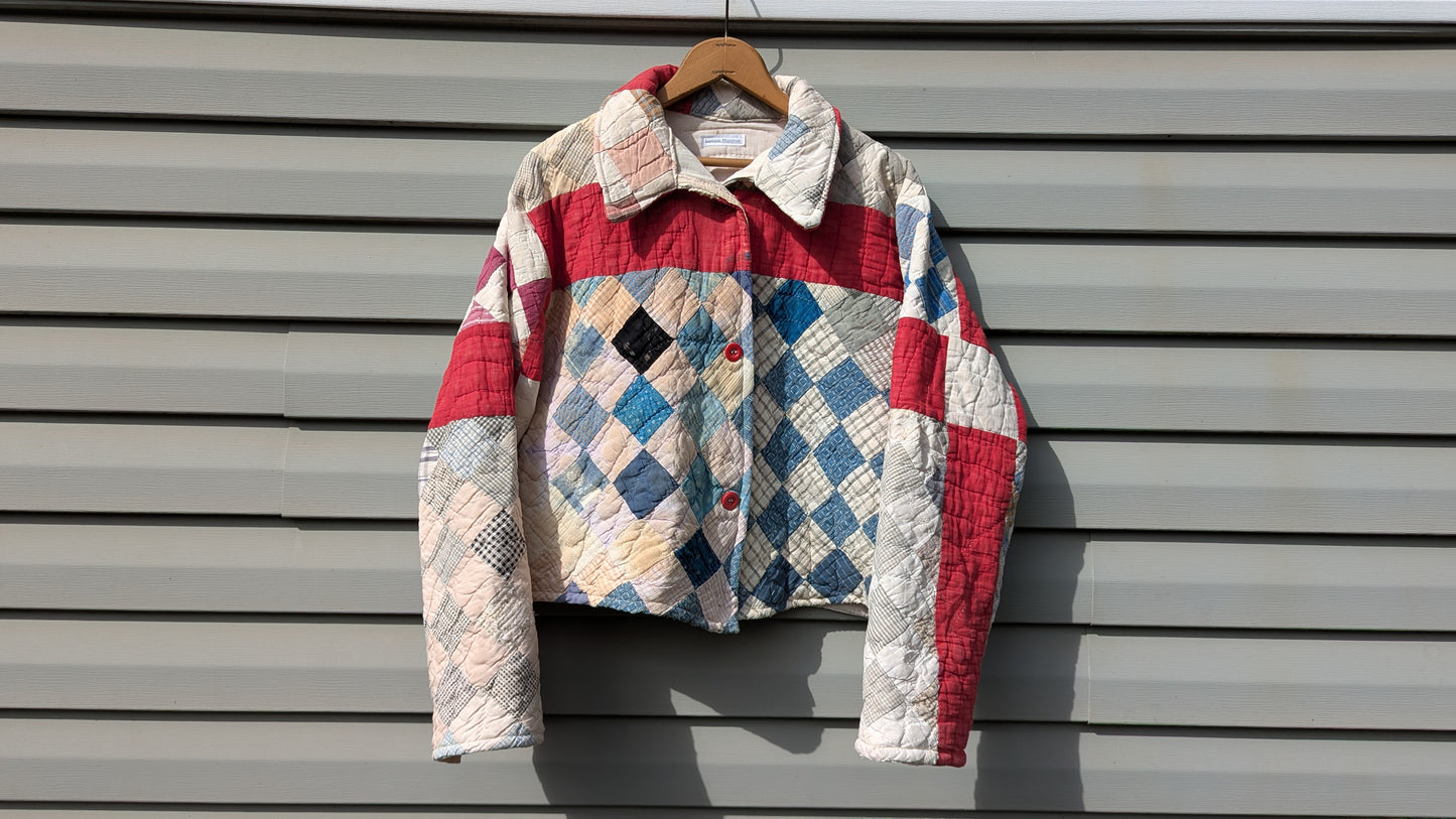 Vintage Red and Blue Quilt Coat, Jacket Made From a Patchwork Quilt