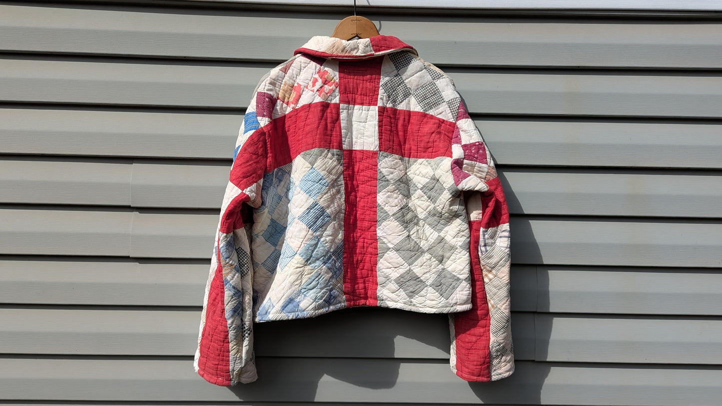 Vintage Red and Blue Quilt Coat, Jacket Made From a Patchwork Quilt