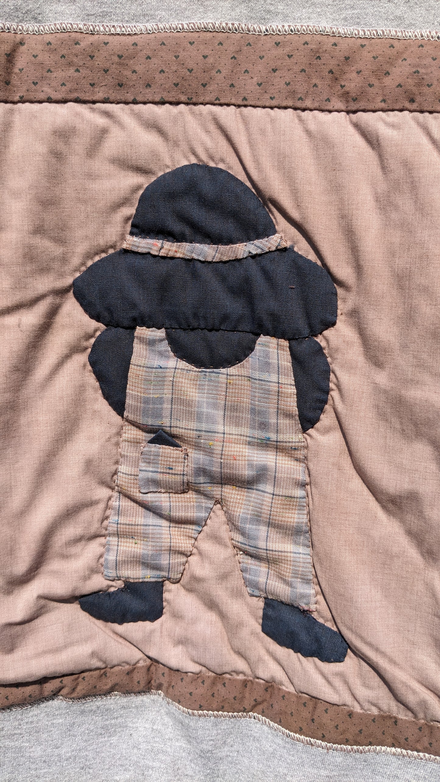 Gray and Brown Overall Sam Quilt Patch Sweater, Pullover Crew Neck Sweatshirt With Patchwork Quilt Patch