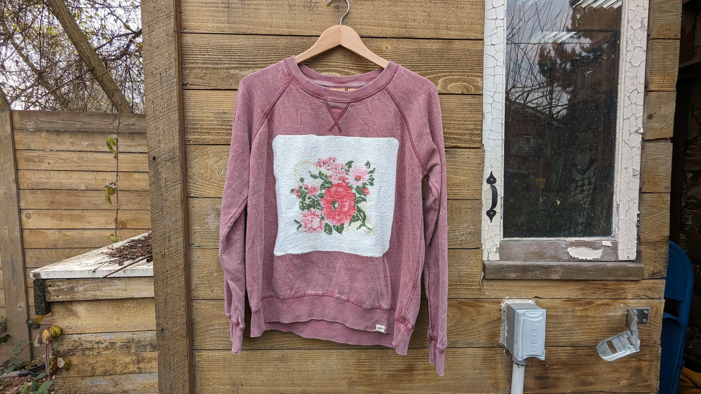 Towel Patch Sweater, Pullover Crew Neck Sweatshirt With Vintage Towel Patch