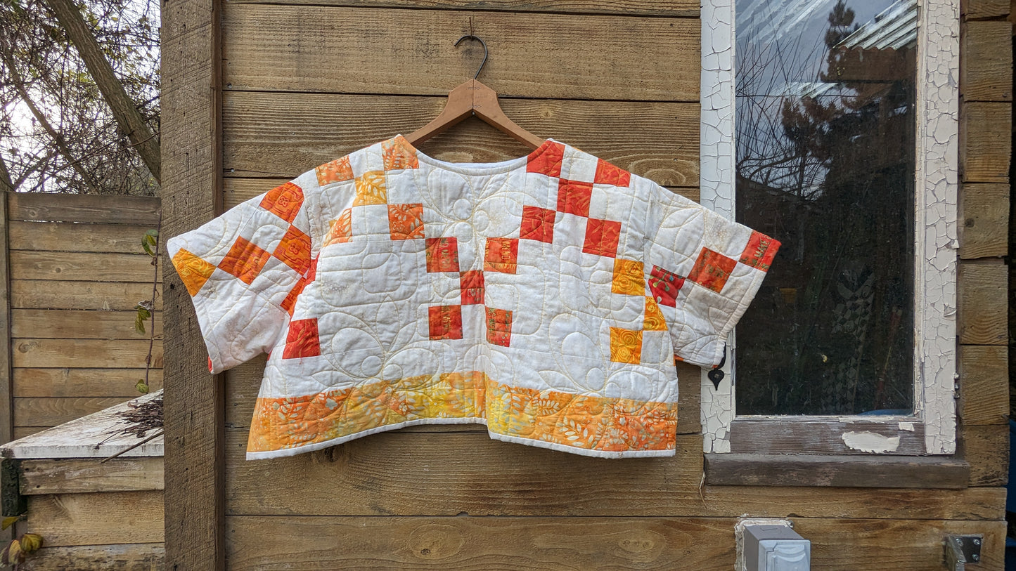 Nine Patch Quilted Short Sleeve Cropped Shirt, Shirt Made From a Vintage Patchwork Quilt