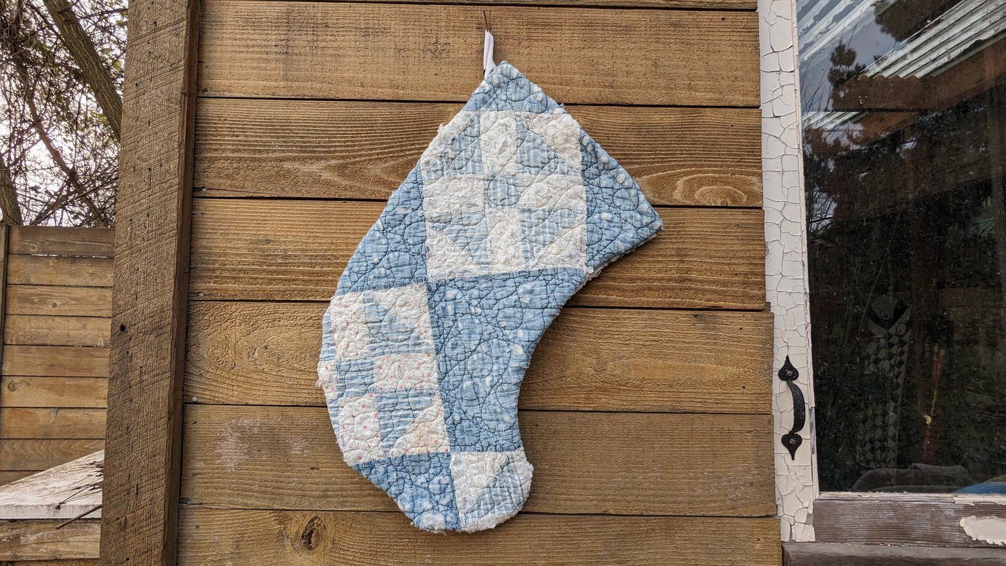 Nine Patch Blue and White Stockings, Set of Stockings Made From A Vintage Quilt