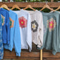 Tie Dye Flower Garden Quilt Patch Sweater, Pullover Crew Neck Sweatshirt With Patchwork Quilt Patch