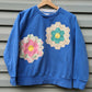 Blue Flower Garden Quilt Patch Sweater, Pullover Crew Neck Sweatshirt With Patchwork Quilt Patch