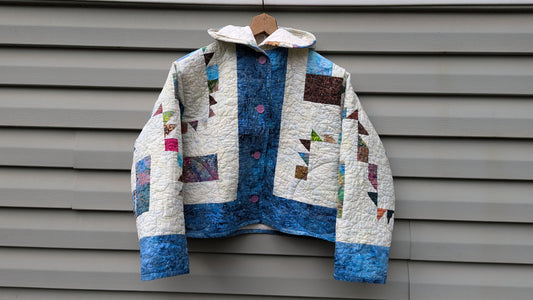 Blue and White Hooded Quilt Coat, Quilt Coat Made From A Patchwork Quilt