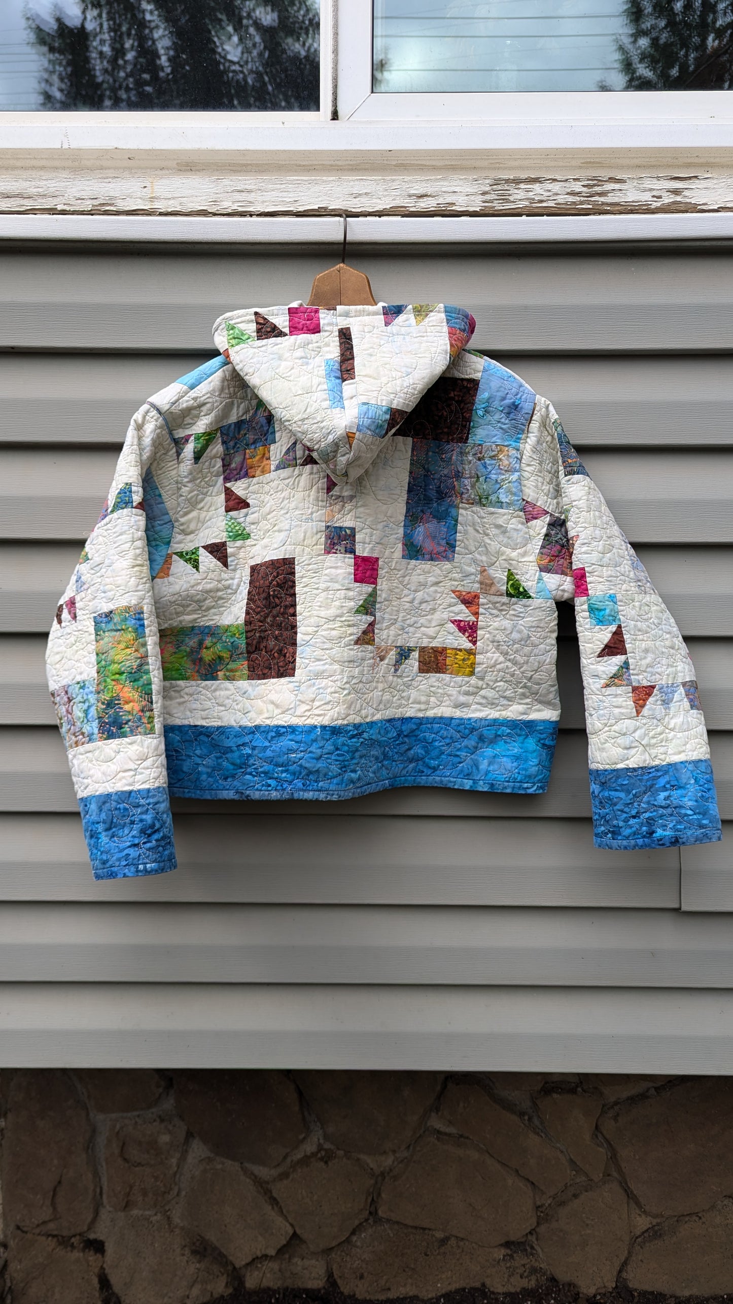 Blue and White Hooded Quilt Coat, Quilt Coat Made From A Patchwork Quilt