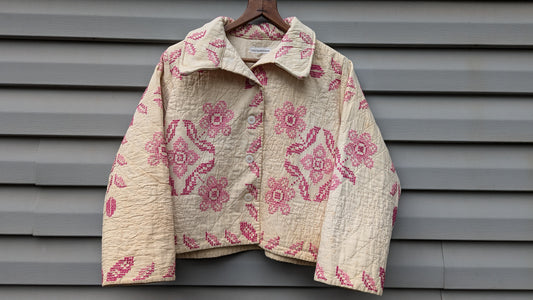 Pink and White Cross Stitch Quilt Coat, Quilt Coat Made From An Embroidered Quilt