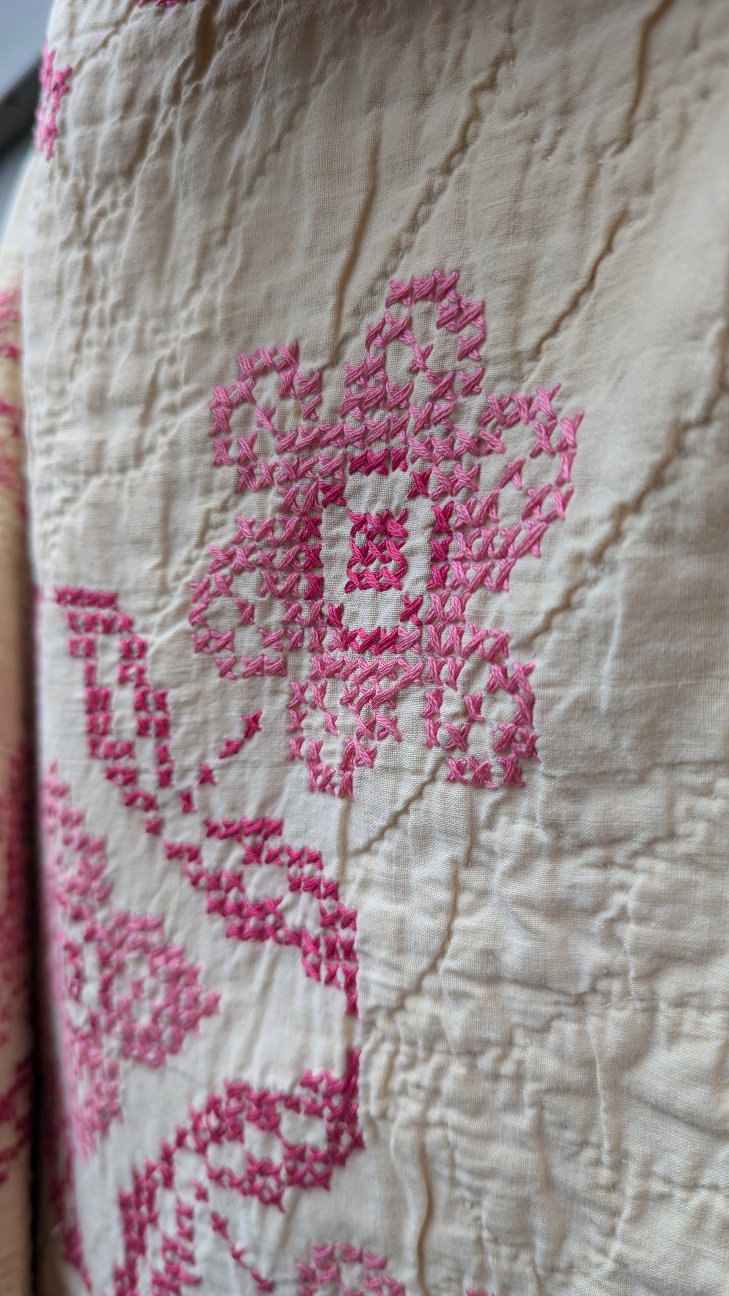 Pink and White Cross Stitch Quilt Coat, Quilt Coat Made From An Embroidered Quilt