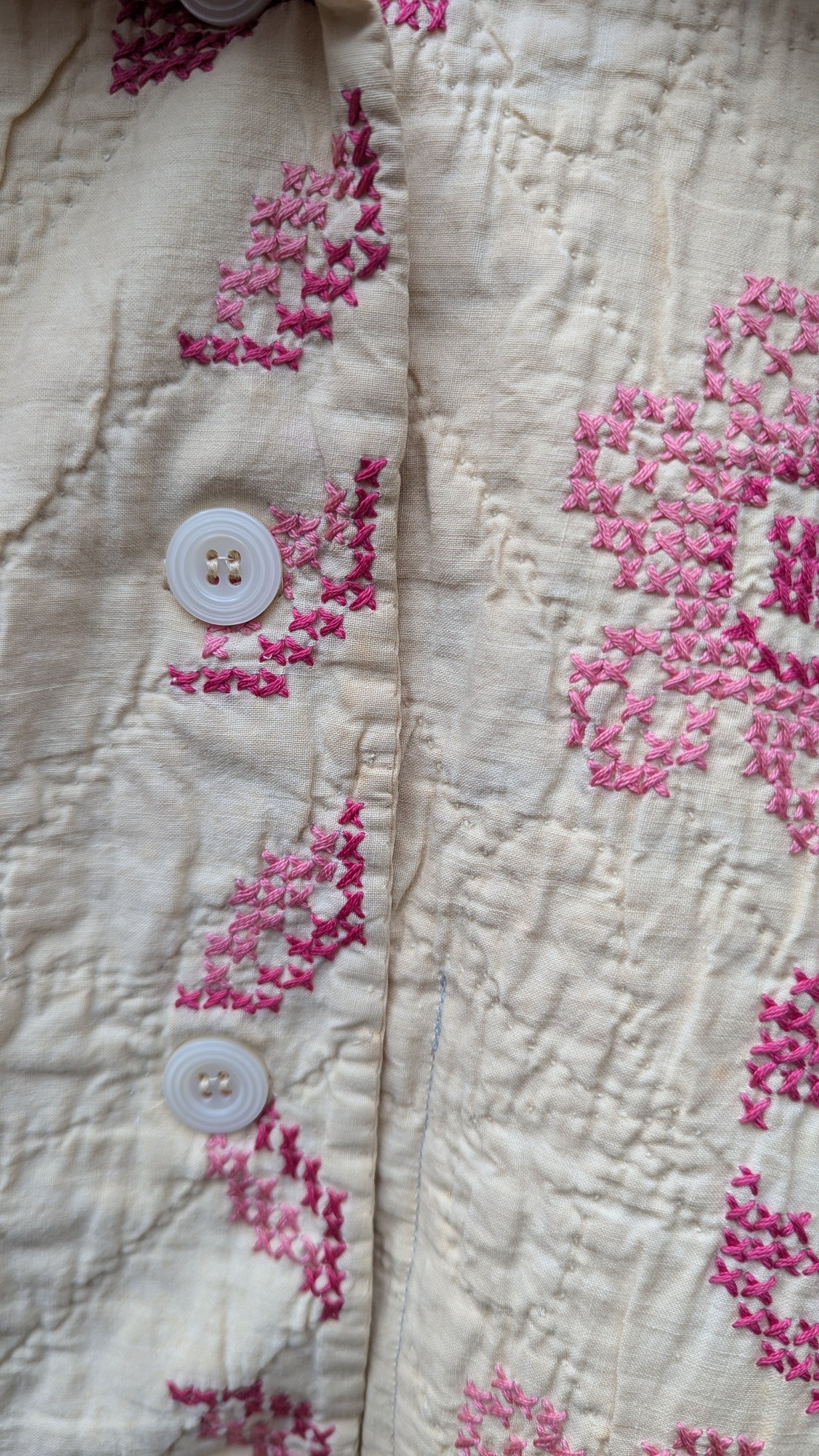 Pink and White Cross Stitch Quilt Coat, Quilt Coat Made From An Embroidered Quilt