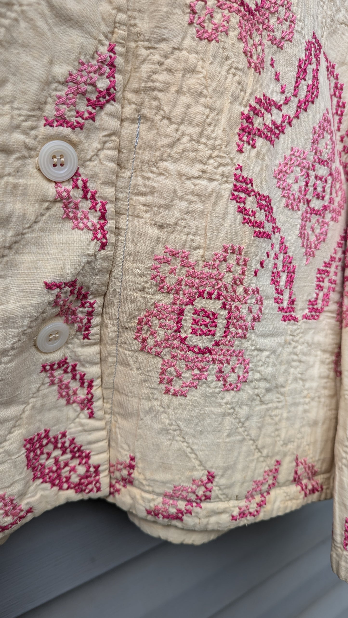 Pink and White Cross Stitch Quilt Coat, Quilt Coat Made From An Embroidered Quilt