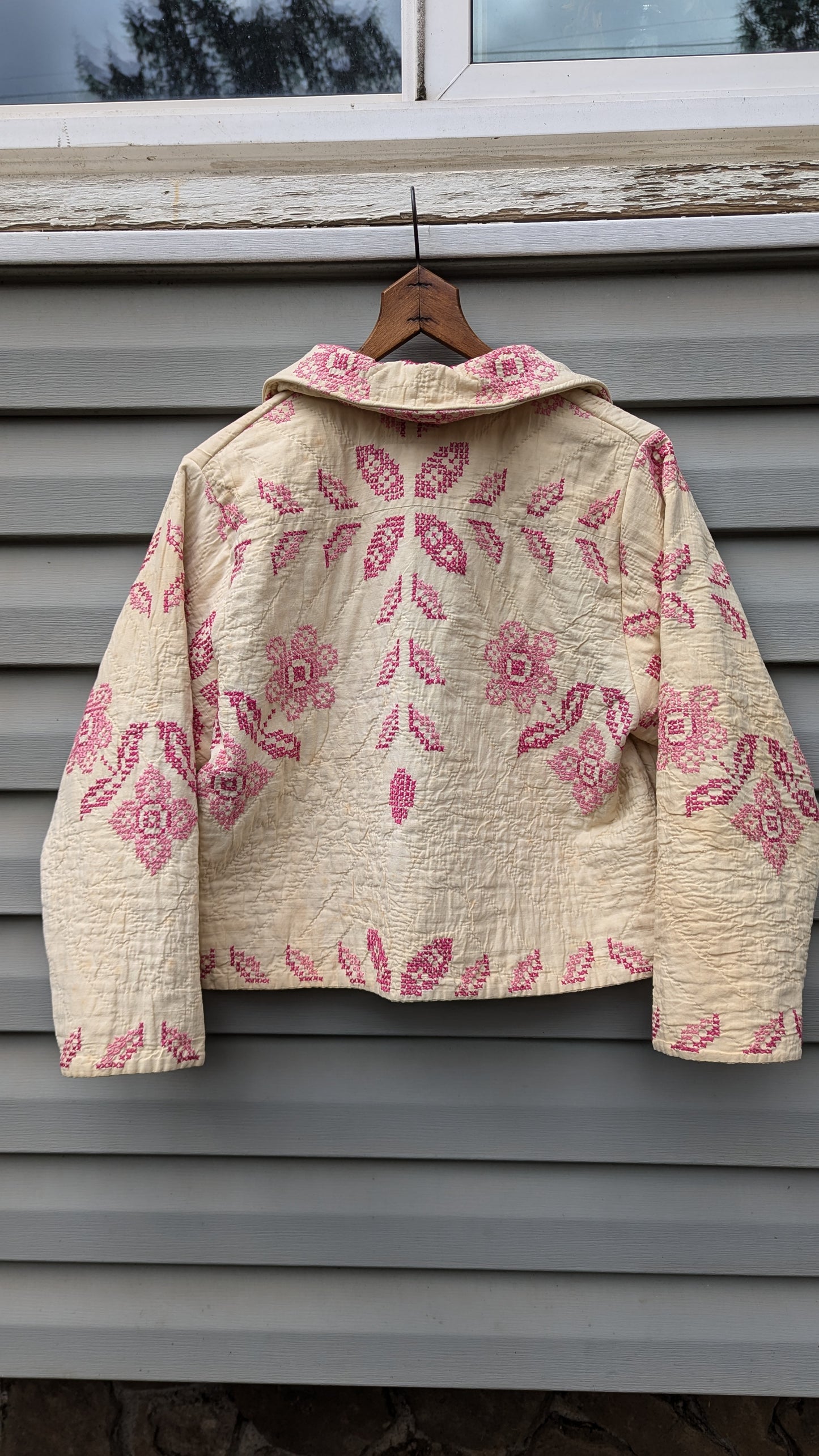 Pink and White Cross Stitch Quilt Coat, Quilt Coat Made From An Embroidered Quilt