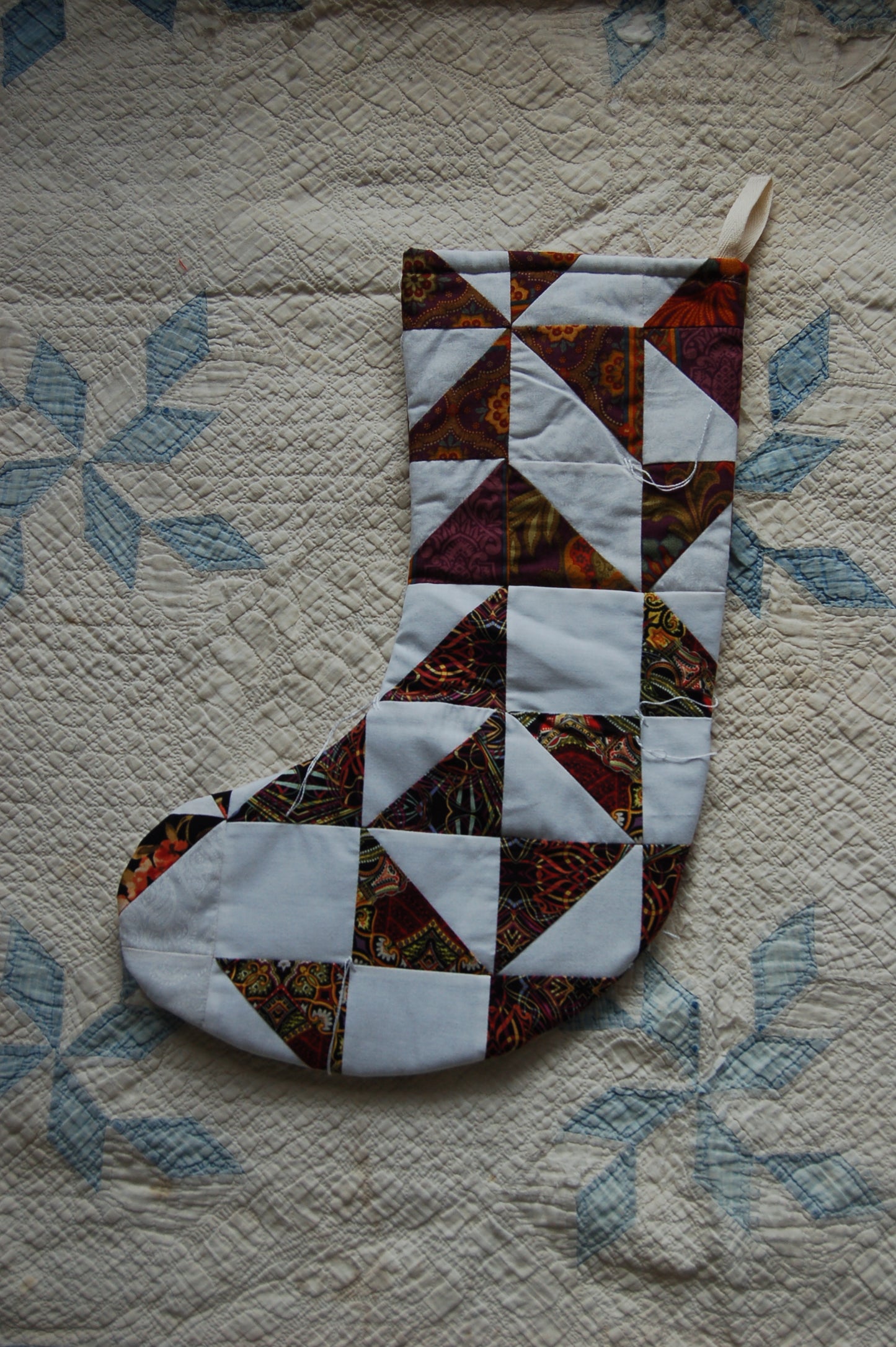 Brown White Vintage Quilt Stocking