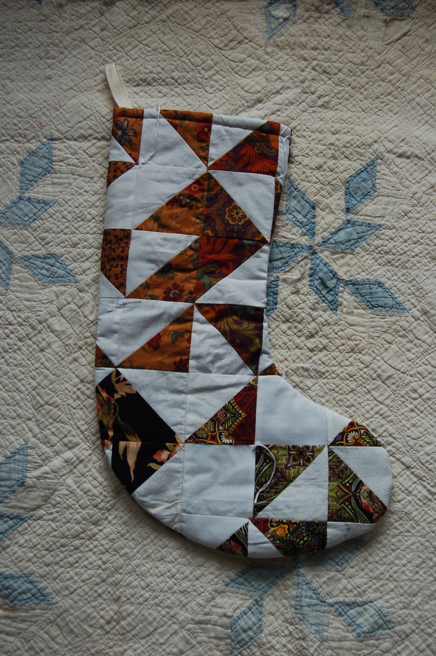 Brown White Vintage Quilt Stocking