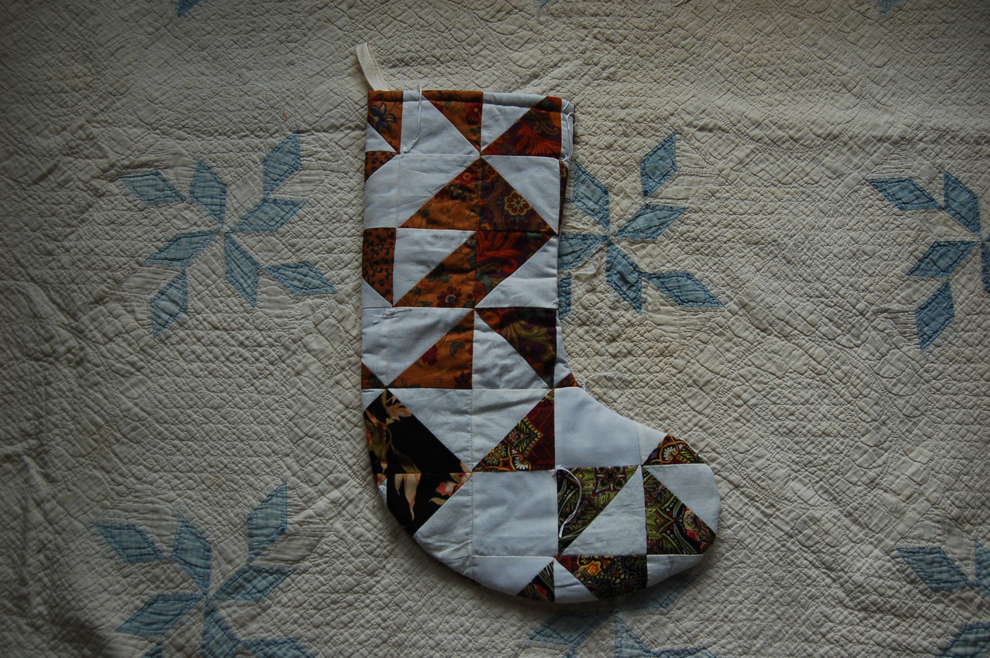 Brown White Vintage Quilt Stocking