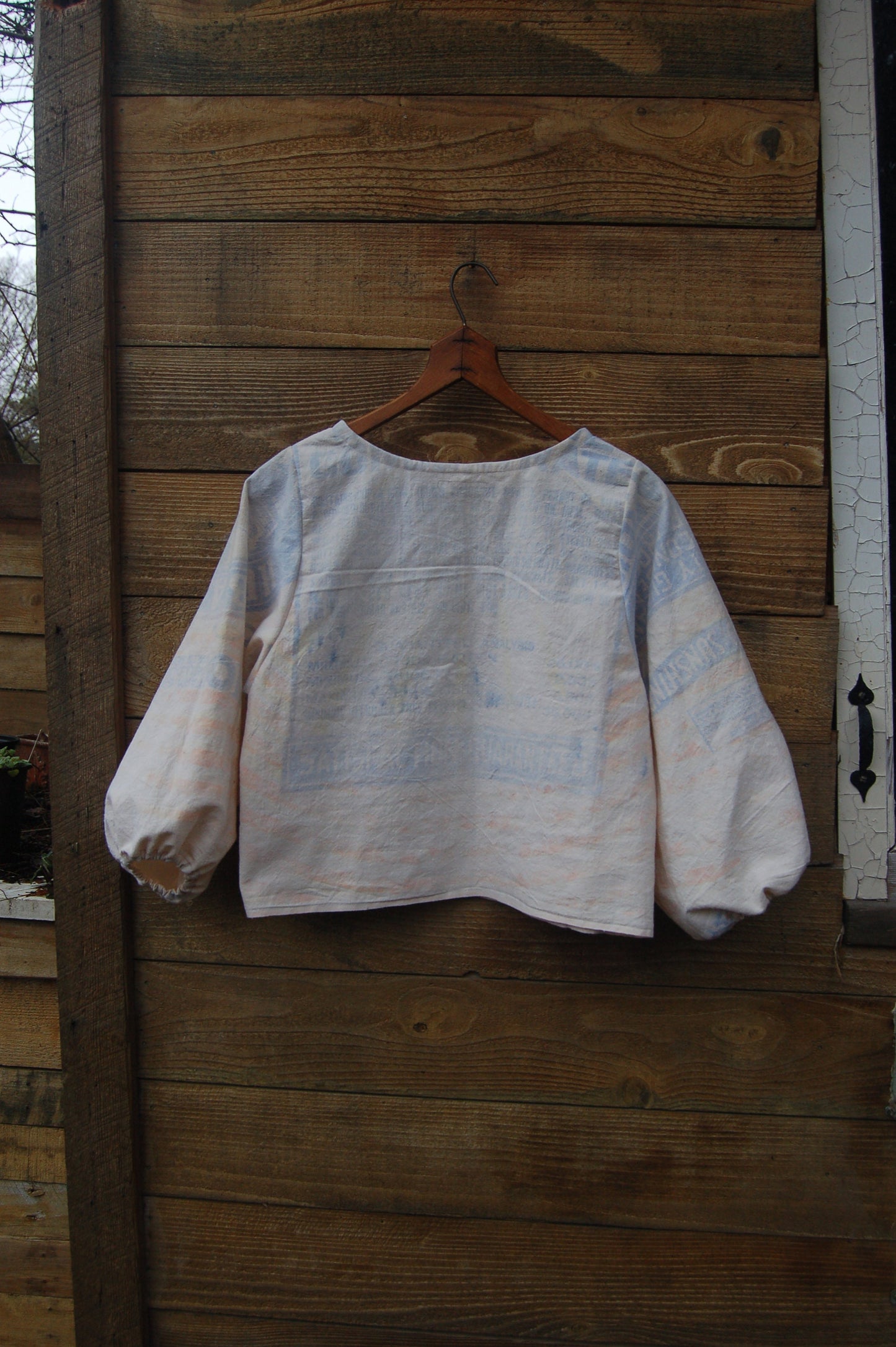 Vintage Feedsack Puff Sleeve Blouse, Long Sleeve Shirt Made From Cotton Feedsack Fabric