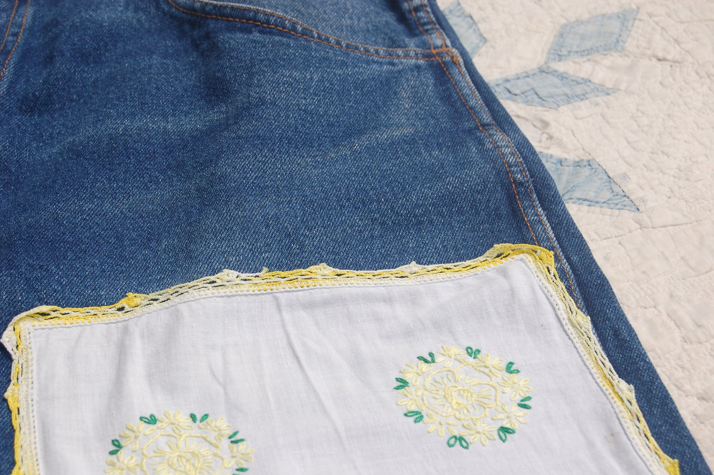 Denim Key Pants With Vintage Embroidered Patches, Size 34