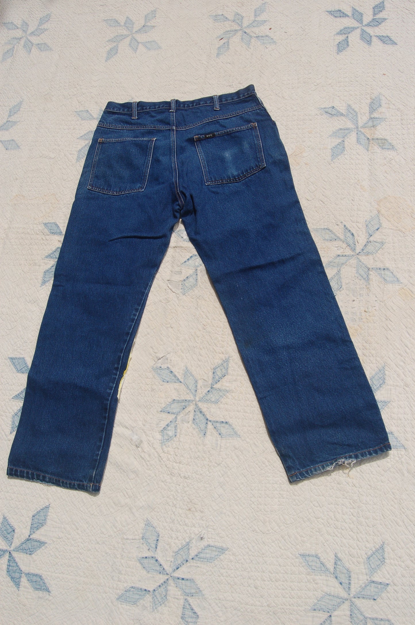 Denim Key Pants With Vintage Embroidered Patches, Size 34