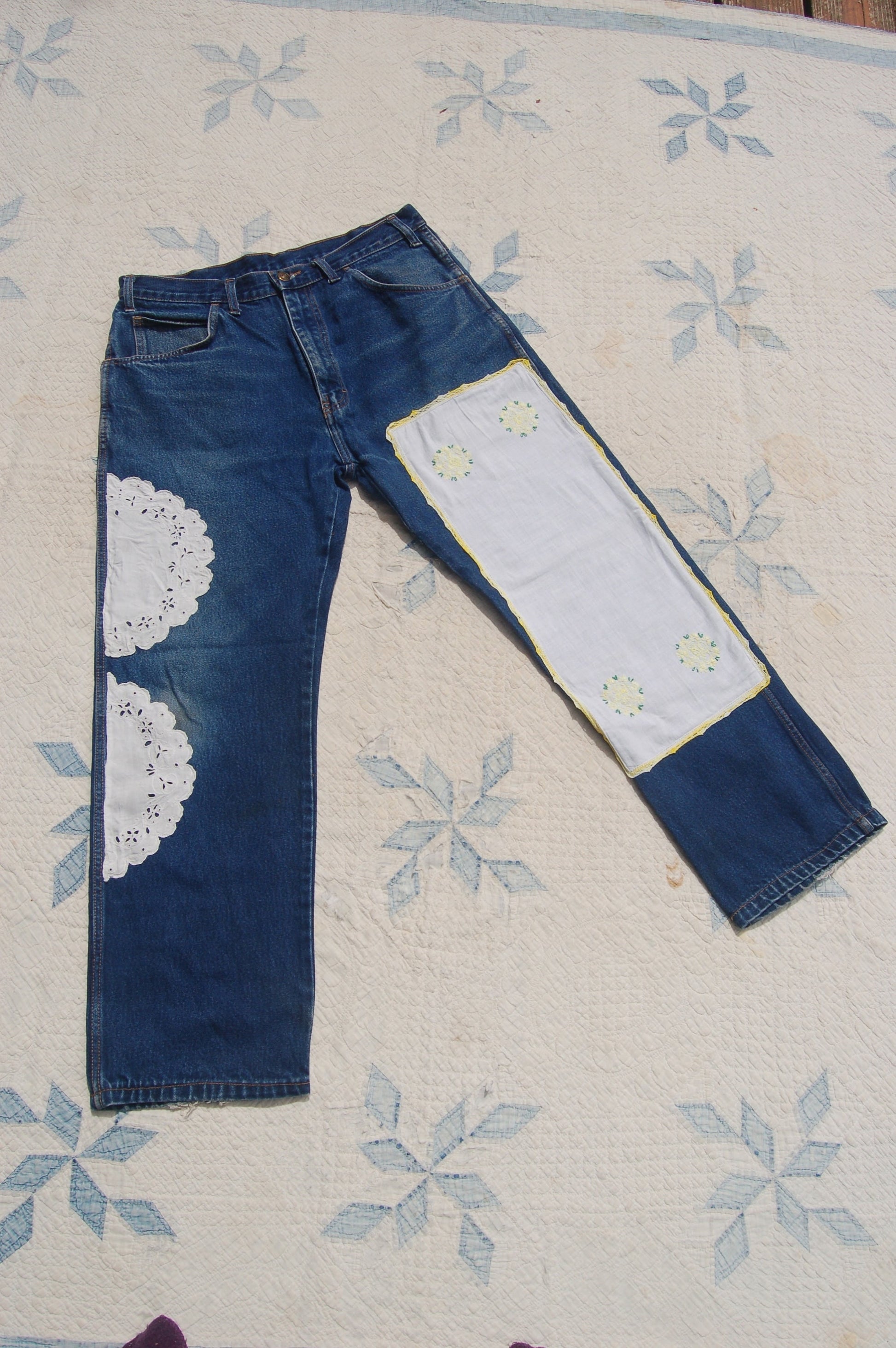 Denim Key Pants With Vintage Embroidered Patches, Size 34